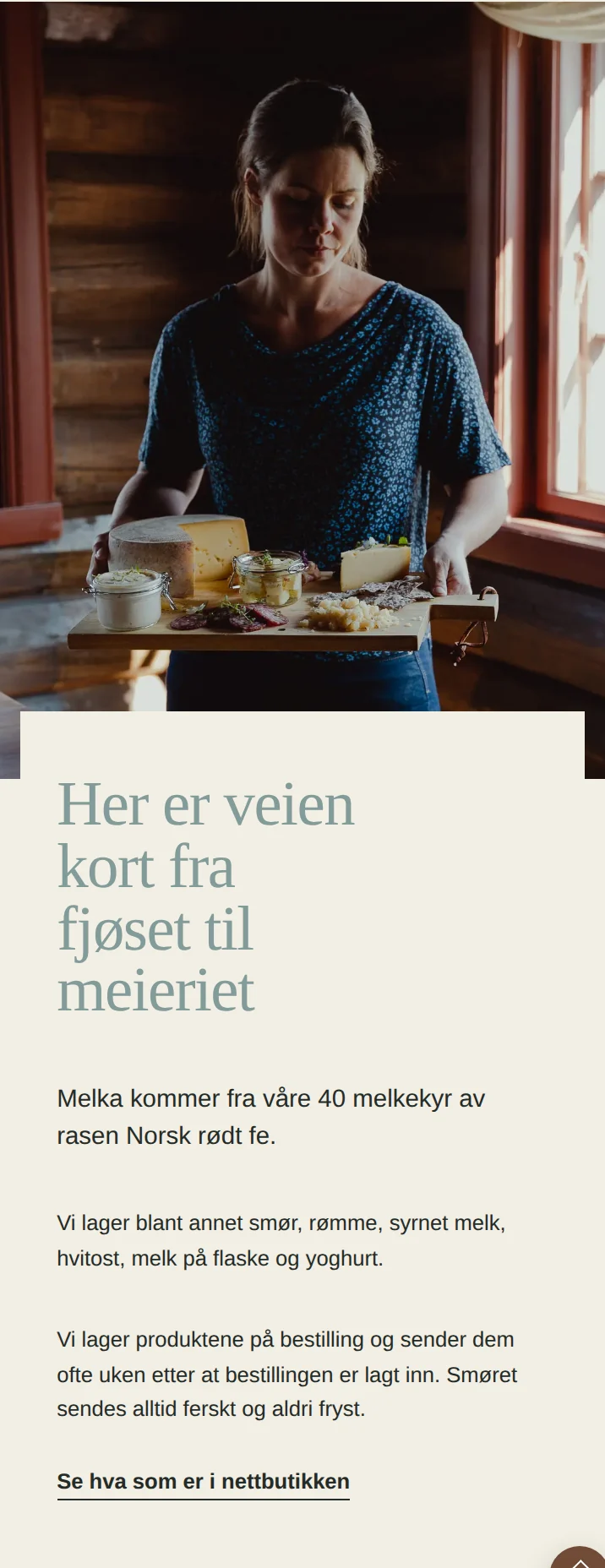 Mobilutsnitt fra Valmsnes med et ostebrett og overskriften Her er veien kort fra fjøset til meieriet