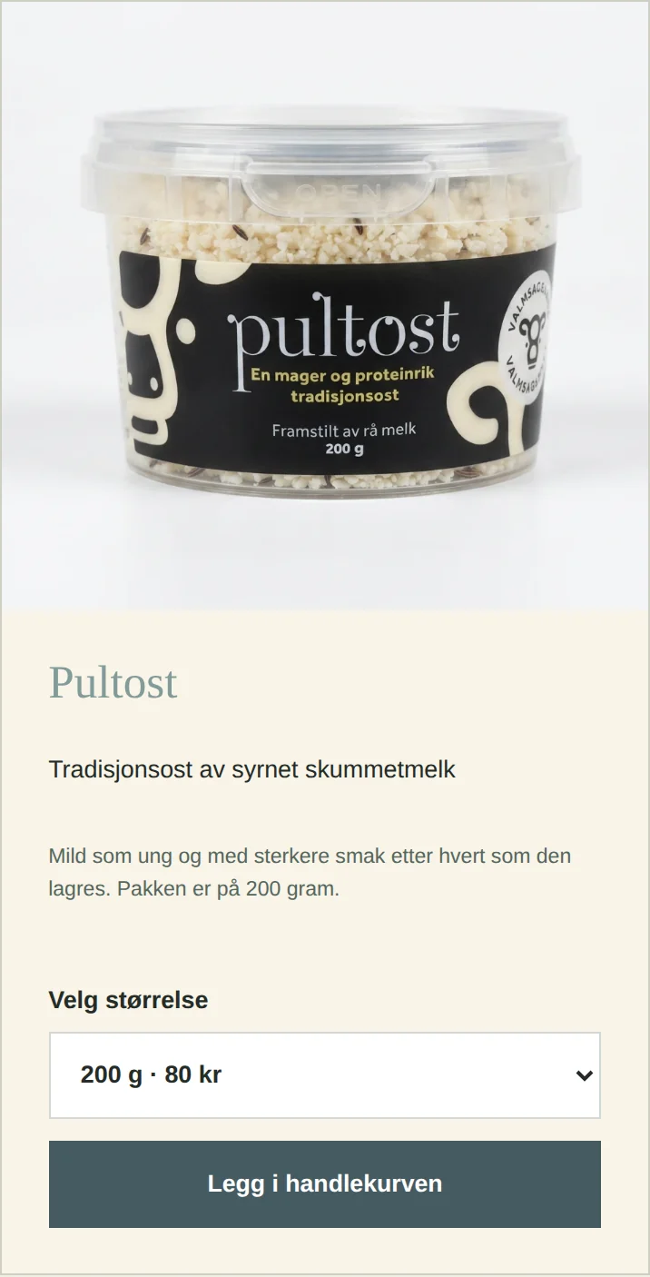 Pultost i Valmsnes sin nettbutikk med produktinformasjon, størrelsesvalg og knapp for å legge i handlekurven